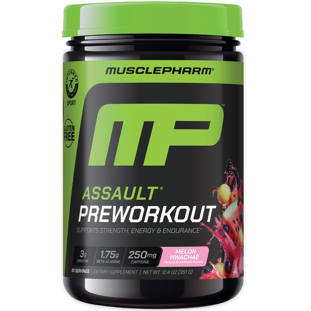 MusclePharm Assault scoop dissolving in water for quick energy before workouts.