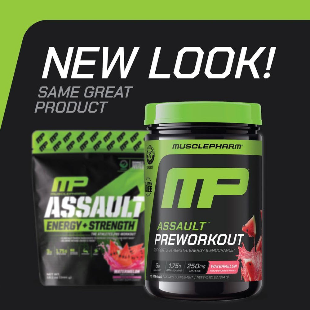 MusclePharm Assault scoop measures potent pre-workout formula for energy.