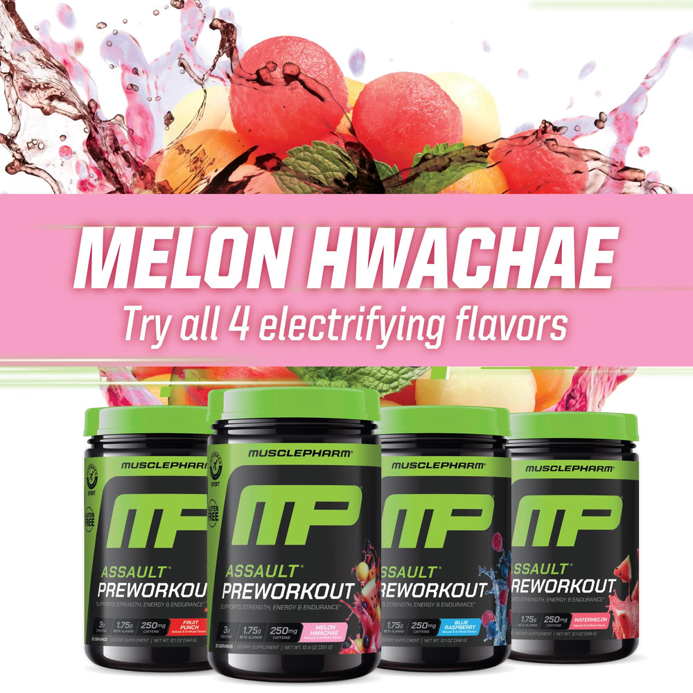 MusclePharm Assault zero-calorie label on tub highlighting clean energy.