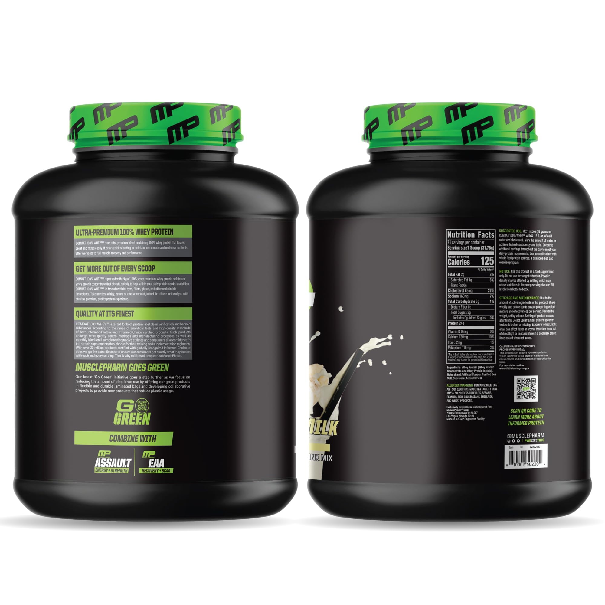 MusclePharm Combat 100% Whey Banana Milk bottle ready for training
