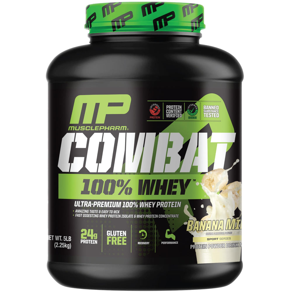 MusclePharm Combat 100% Whey Banana Milk powder ready to mix for post-workout fueling