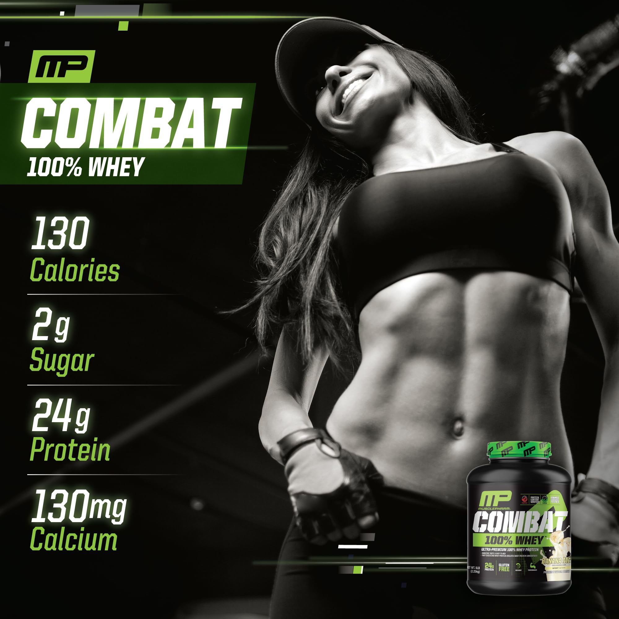 MusclePharm Combat 100% Whey gluten-free label on the tub