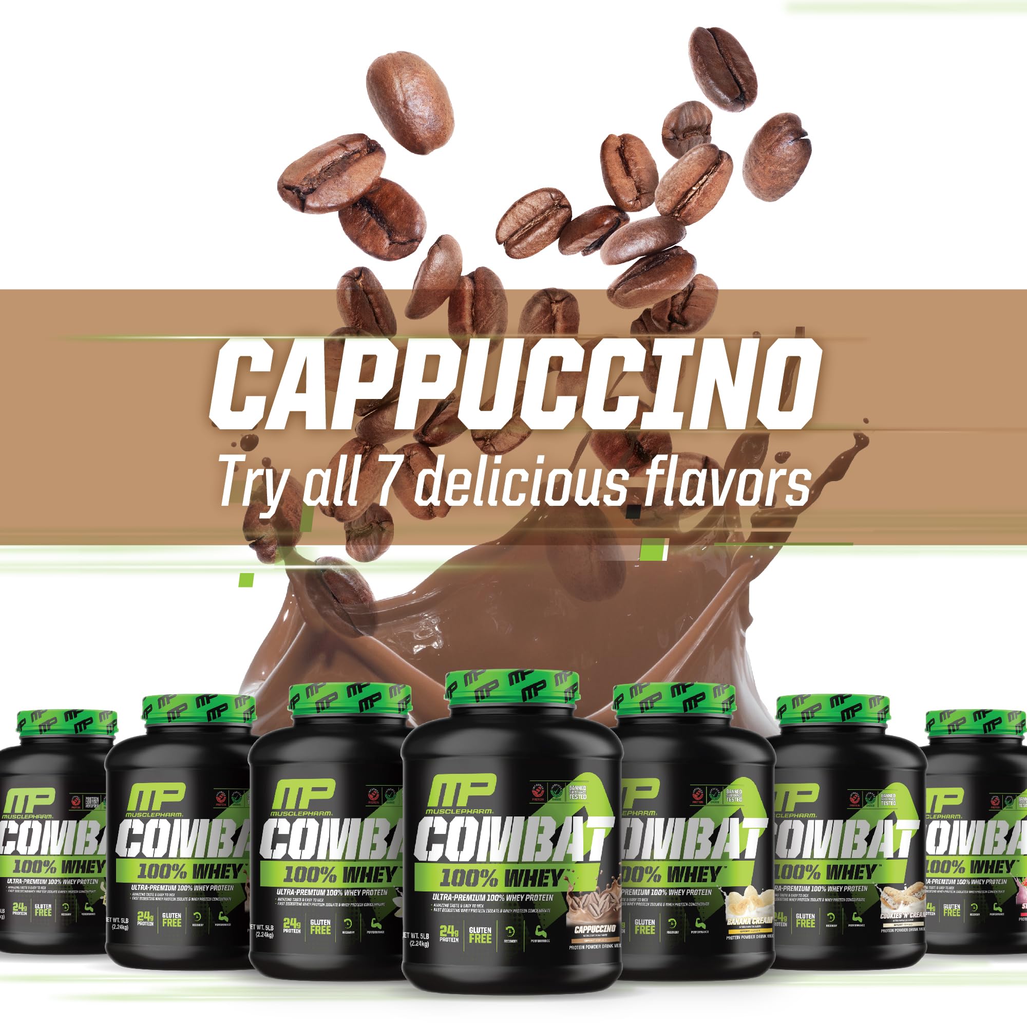 MusclePharm Combat 100% Whey Cappuccino scoop resting near cup for pre-workout use