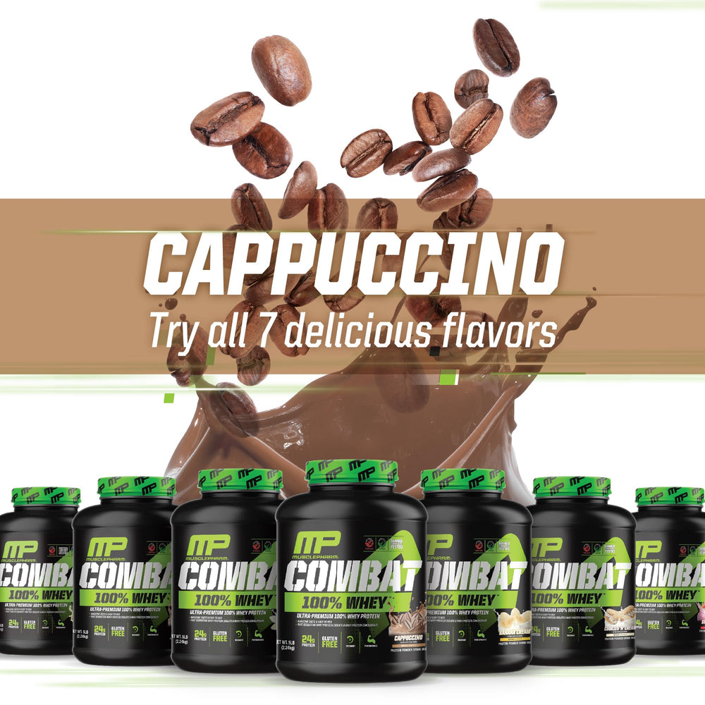 MusclePharm Combat 100% Whey Cappuccino scoop resting near cup for pre-workout use