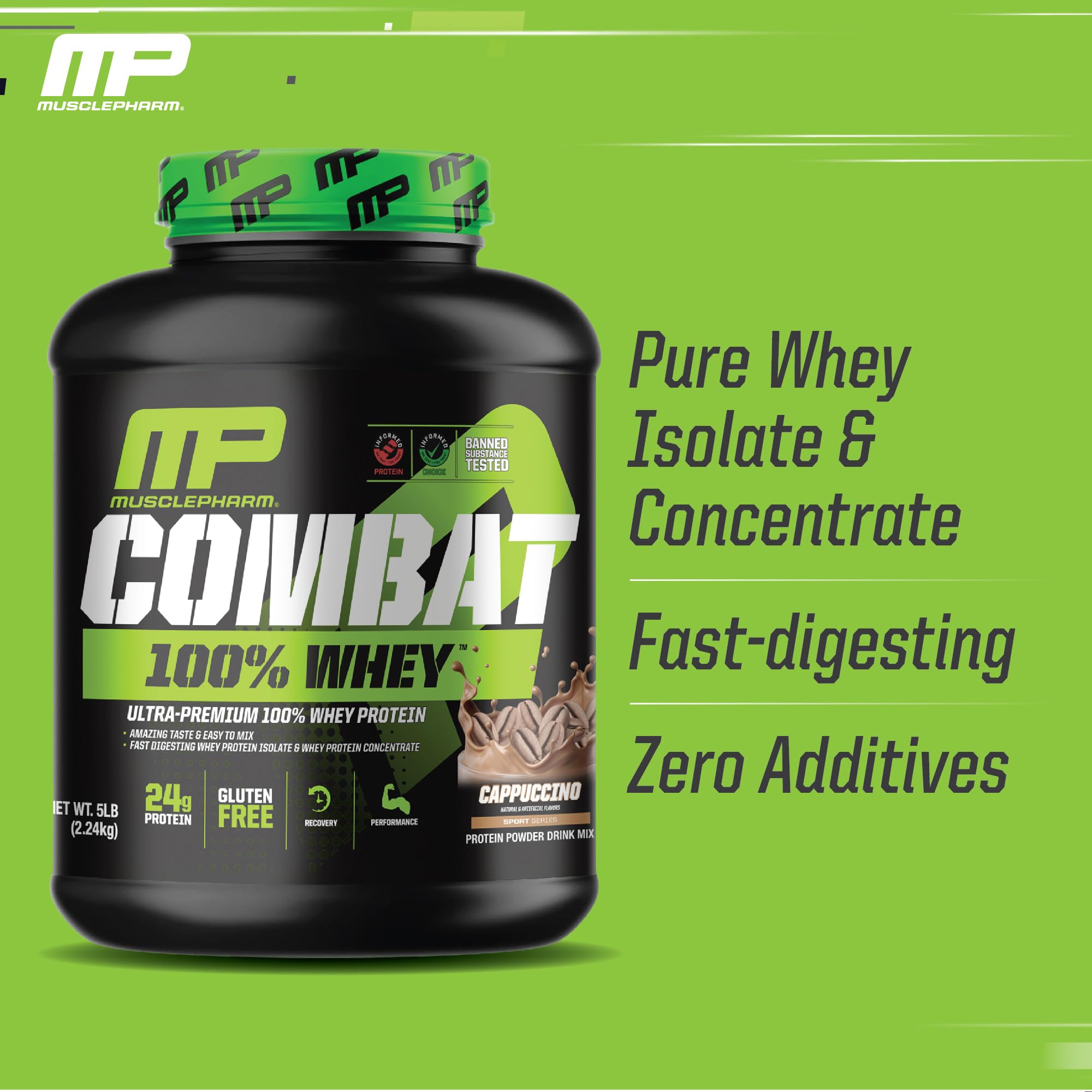 MusclePharm Combat 100% Whey Cappuccino shake in glass with frothy crema