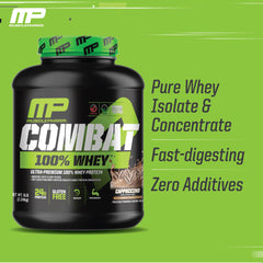 MusclePharm Combat 100% Whey Cappuccino shake in glass with frothy crema