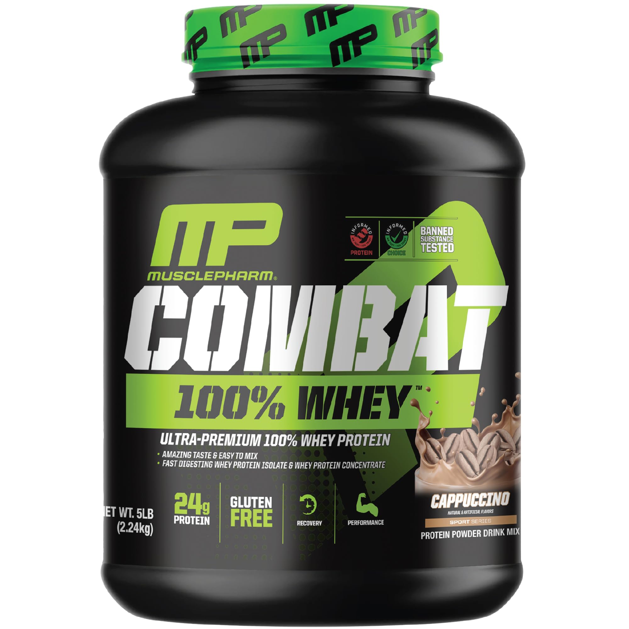 MusclePharm Combat 100% Whey Cappuccino tub front shows premium protein for workouts and recovery