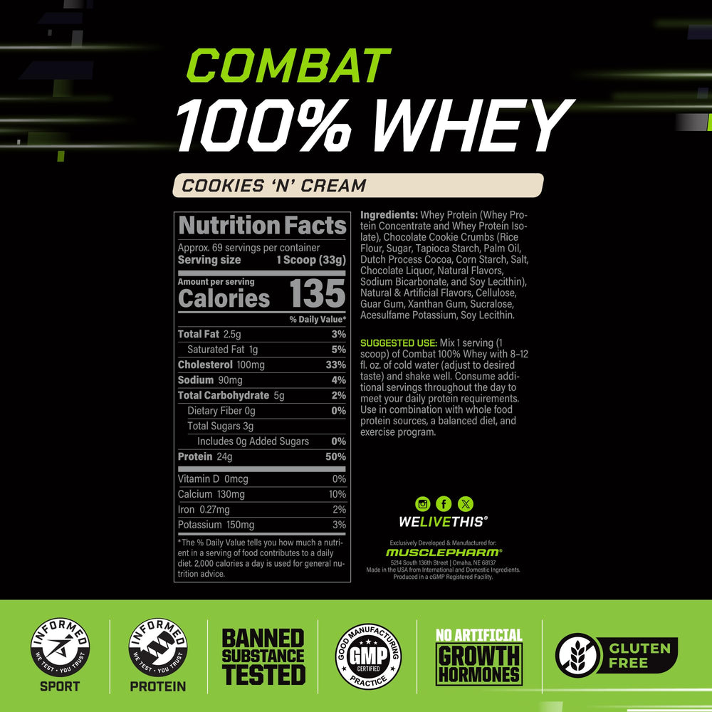 MusclePharm Combat 100% Whey gluten-free label highlighting product purity.
