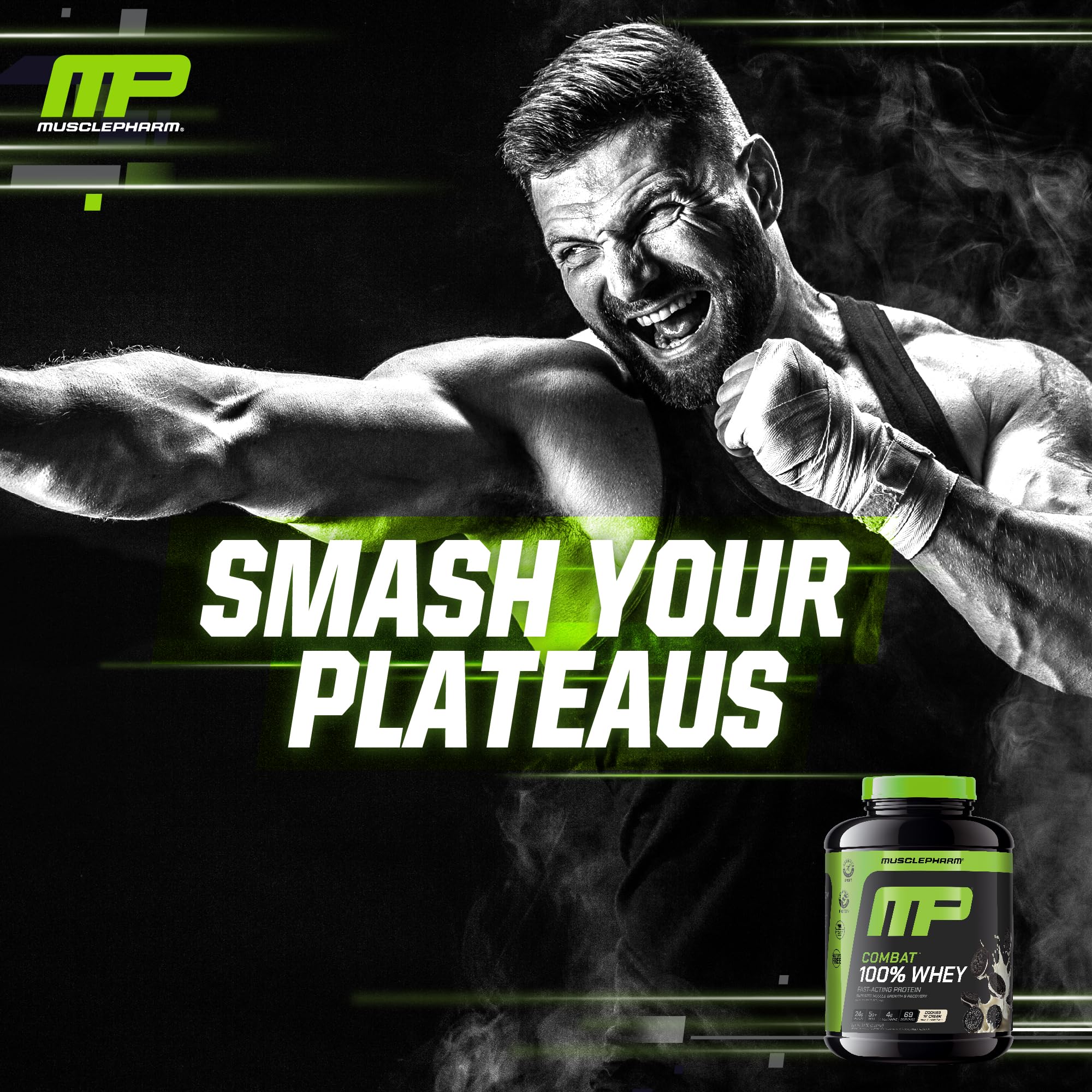MusclePharm Combat 100% Whey ingredients label for transparency.