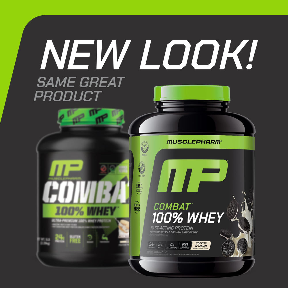 MusclePharm Combat 100% Whey powder scoop ready for precise daily servings.