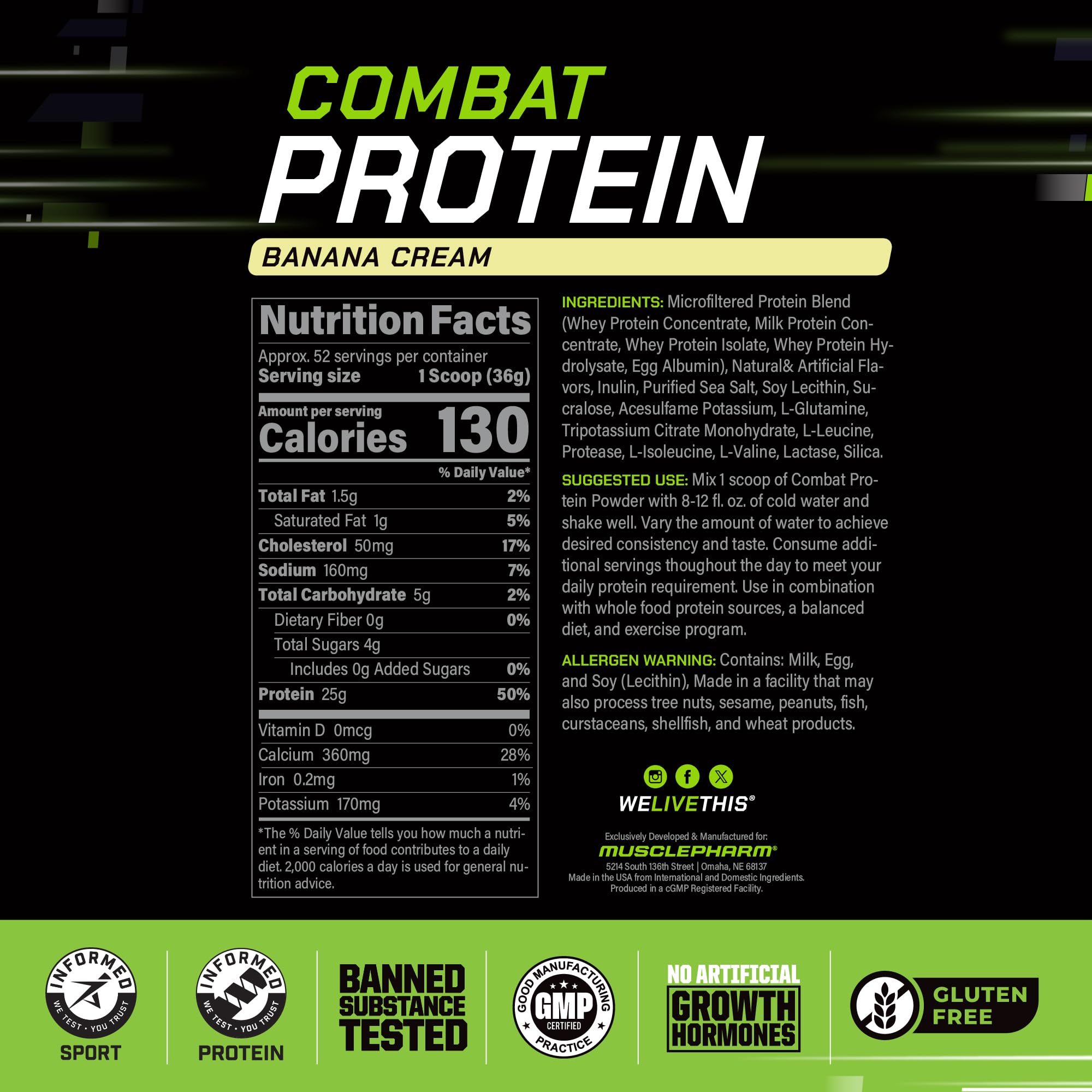 MusclePharm Combat Protein Pour reveals a smooth Banana Cream shake preparation
