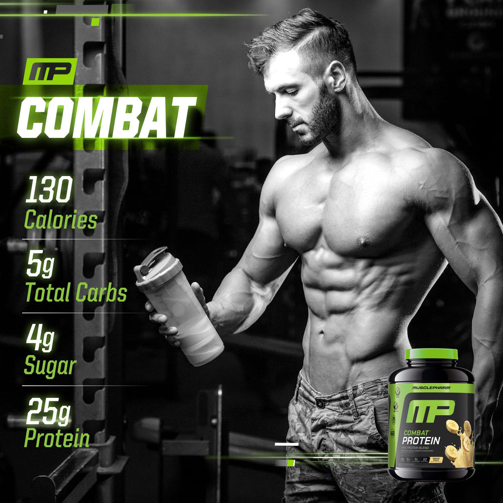MusclePharm Combat Protein Shake with Banana Cream in a glass after training