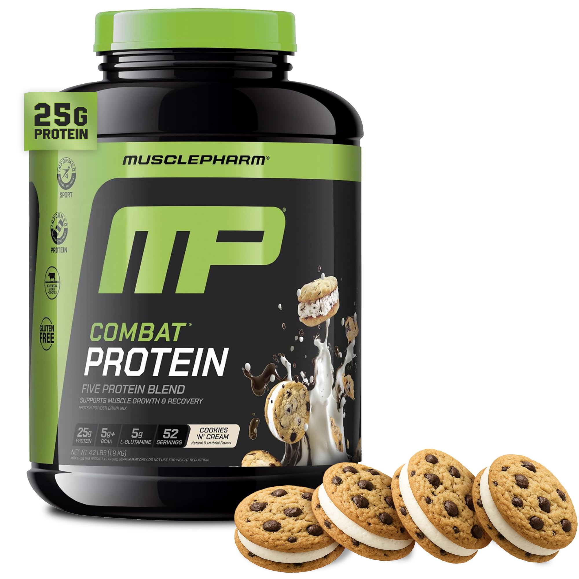 MusclePharm Combat Protein bottle shows Cookies N Cream flavor for post-workout fueling.