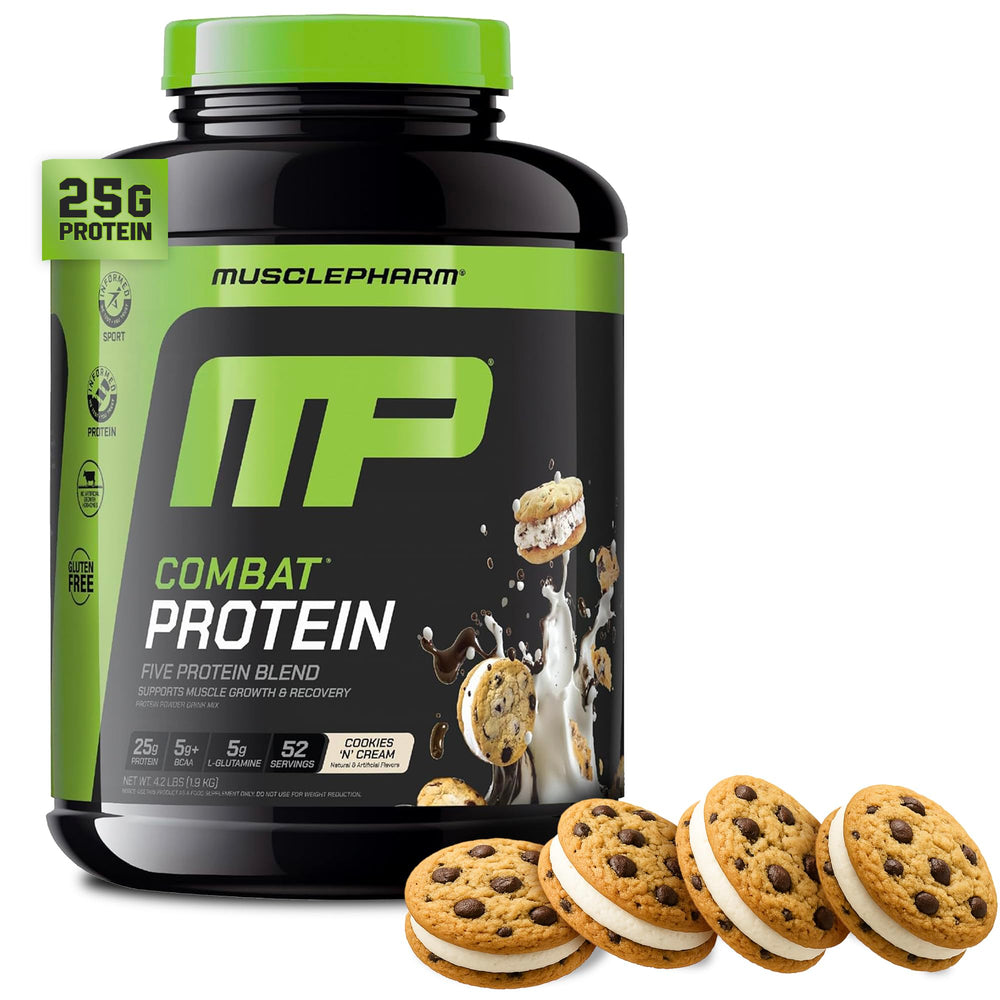 MusclePharm Combat Protein bottle shows Cookies N Cream flavor for post-workout fueling.