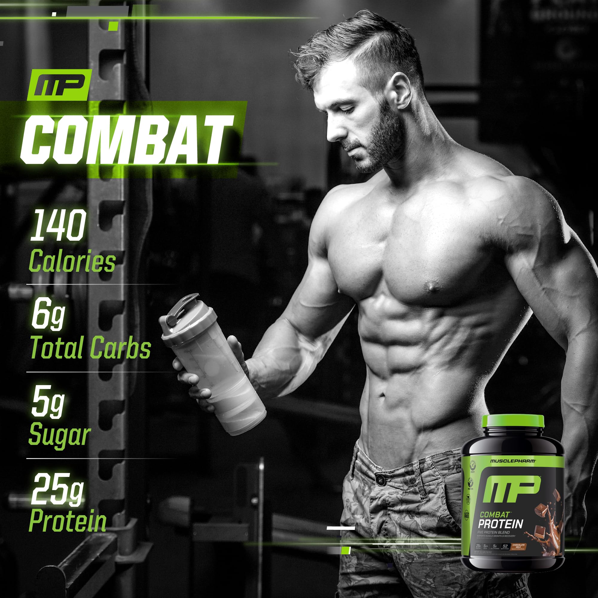 MusclePharm Combat label highlights gluten-free status and quality certifications.