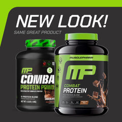 MusclePharm Combat Protein Powder scoop beside bottle highlights 25 g protein per serving.