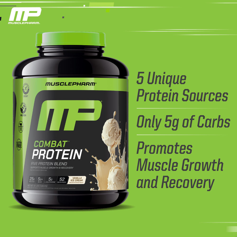 Gluten-free badge on MusclePharm Combat Protein label