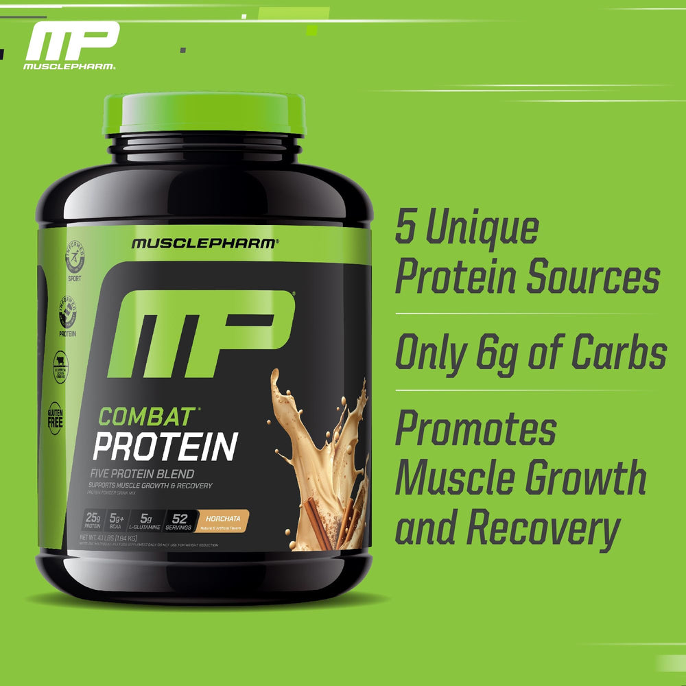 MusclePharm Combat Horchata powder being poured into a cup.
