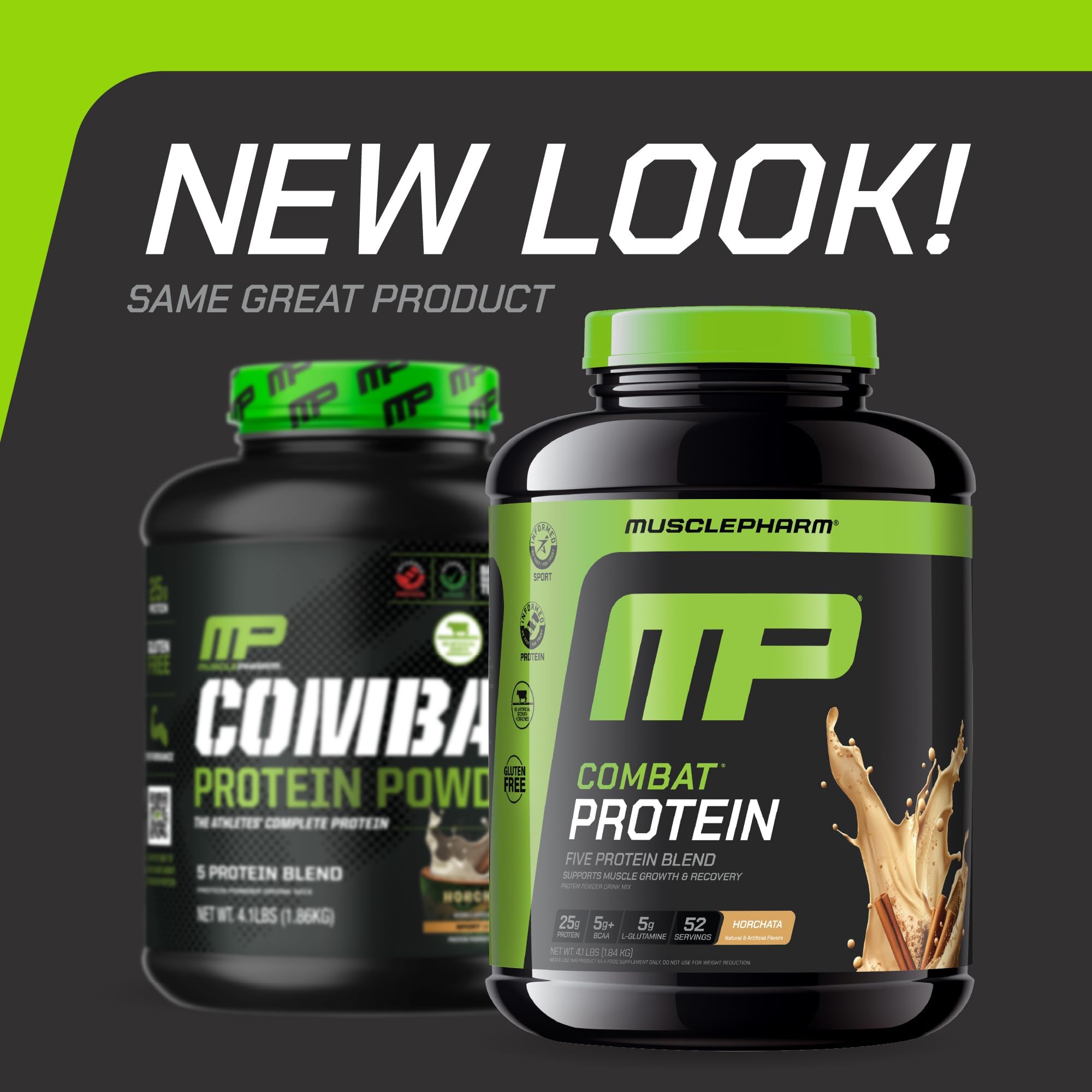 MusclePharm Combat Horchata tub front highlights 52 servings and gluten-free formula.