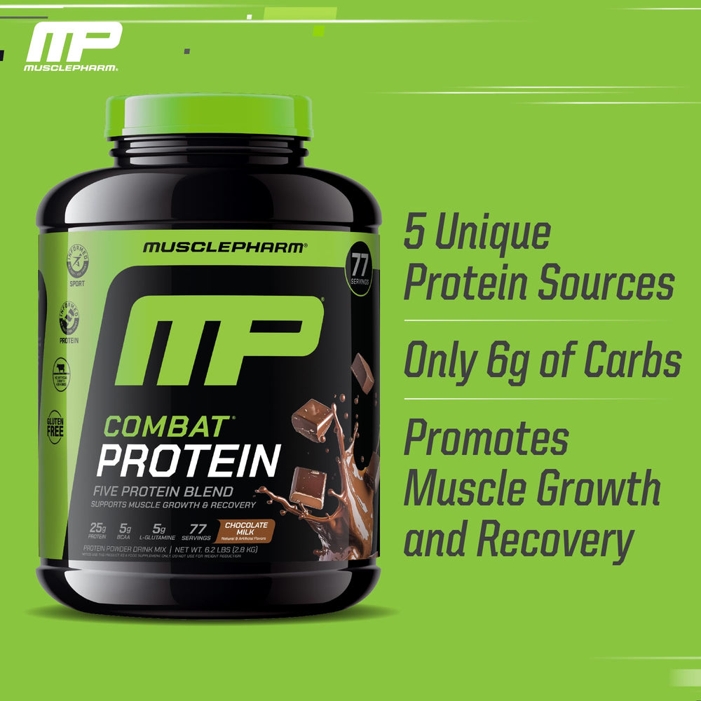 Gluten-free certification seal on Combat Protein Powder packaging