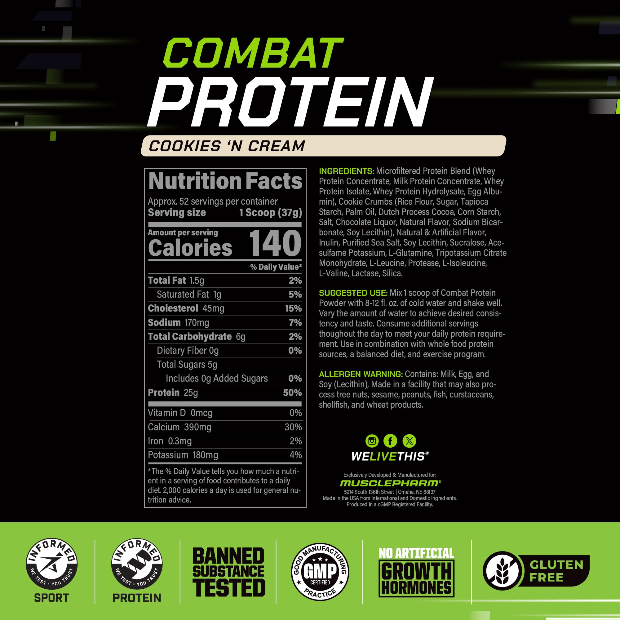 Protein scoop illustrates five-source blend for steady amino acid delivery.