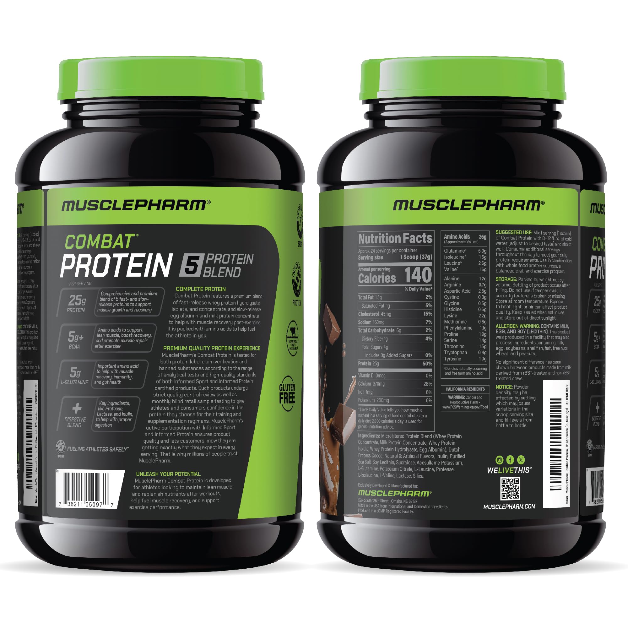 Scoop of MusclePharm Combat Protein Powder beside the tub for serving size.