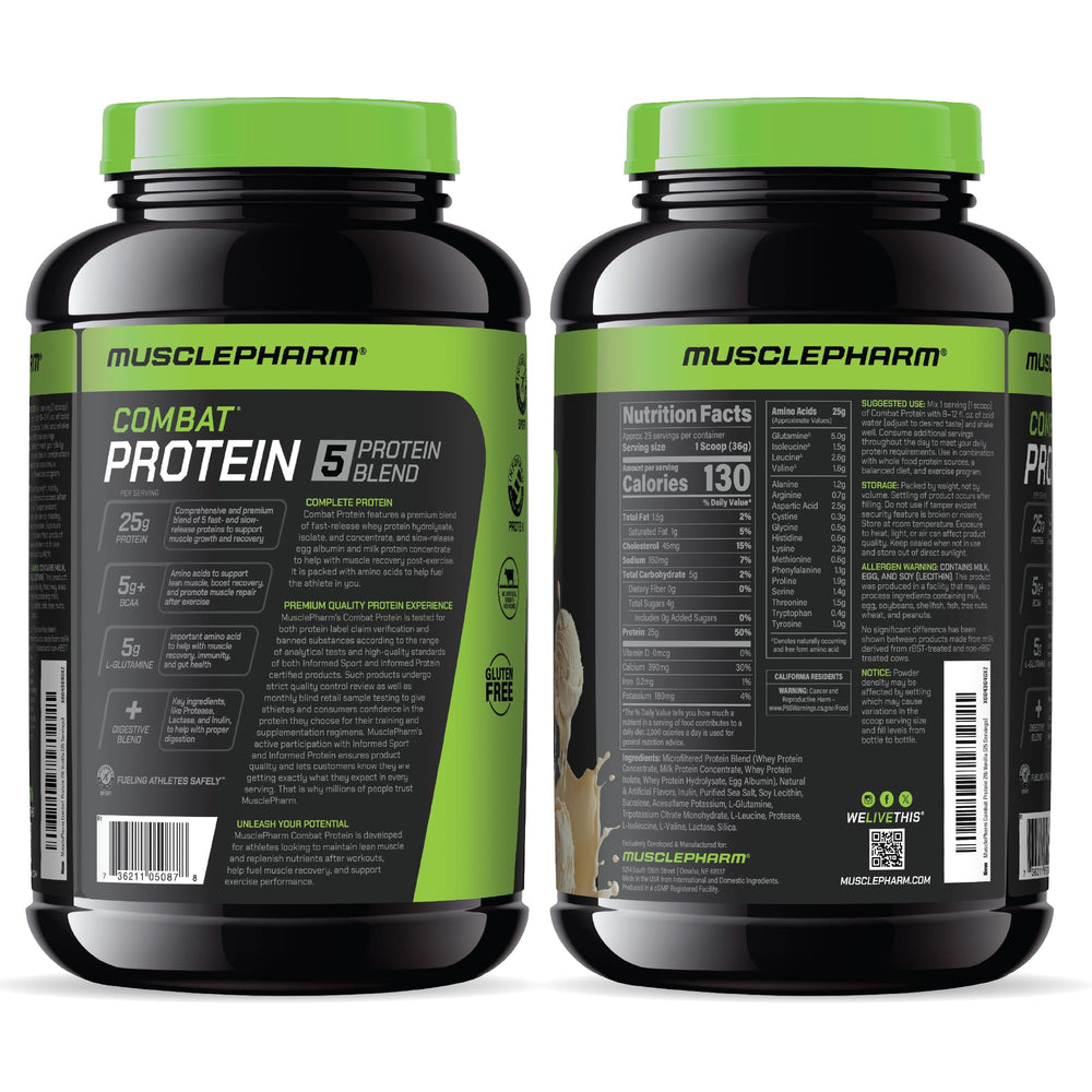 MusclePharm Combat Protein Powder vanilla ingredients list with whey, egg, and dairy proteins