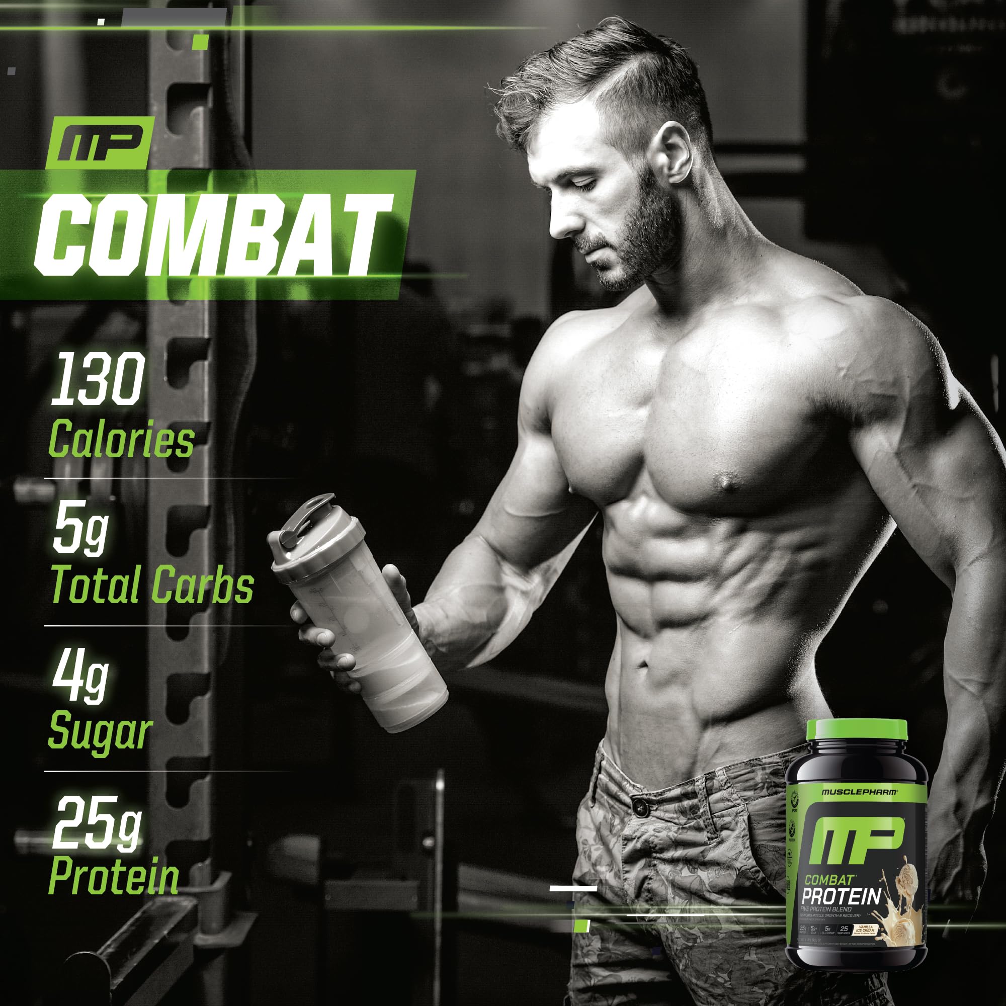 MusclePharm Combat Protein Powder vanilla mixing glass demonstrating quick protein blend after training