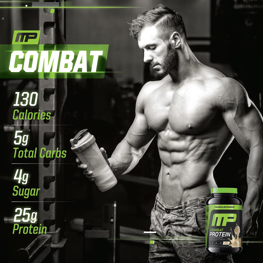MusclePharm Combat Protein Powder vanilla mixing glass demonstrating quick protein blend after training