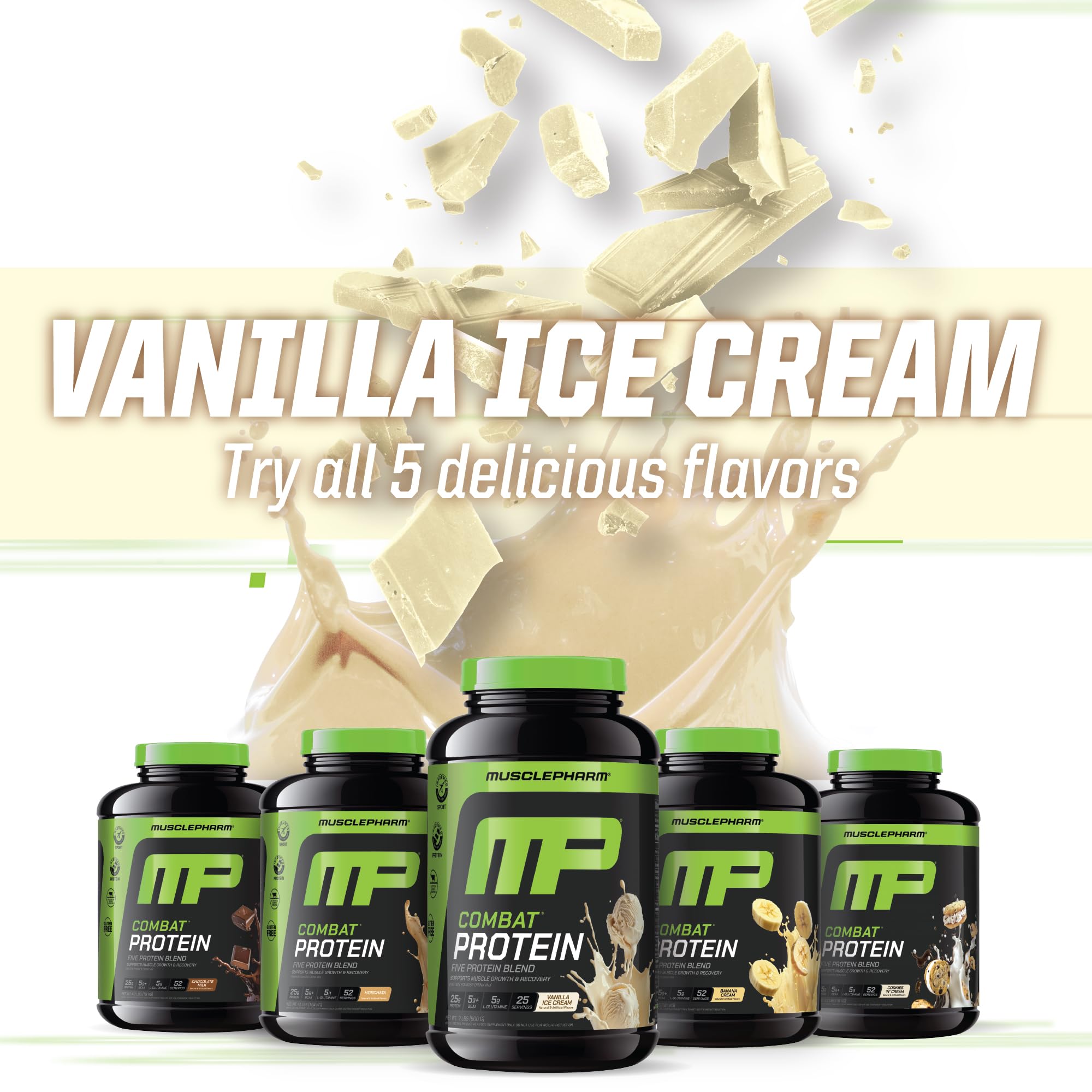 MusclePharm Combat Protein Powder vanilla nutrition facts panel emphasizing multi-source protein blend