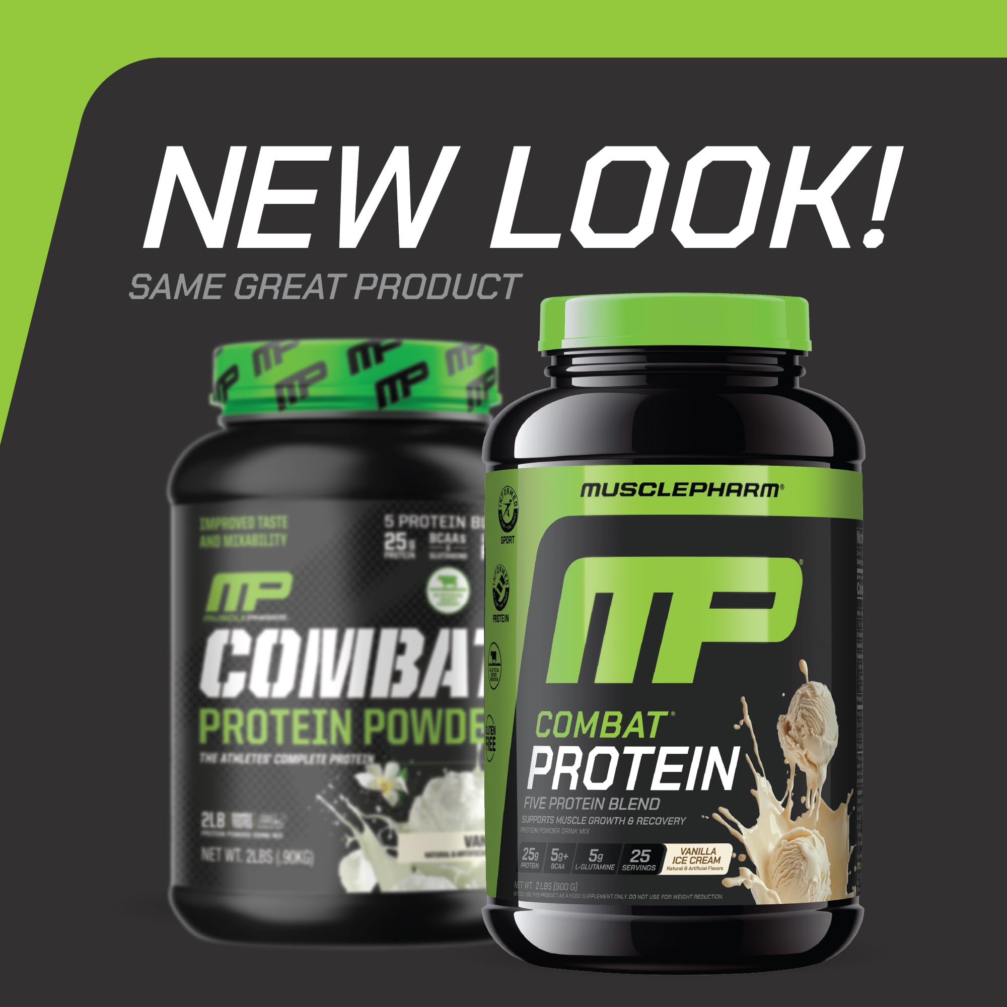MusclePharm Combat Protein Powder vanilla scoop highlighting convenient post-workout supplement