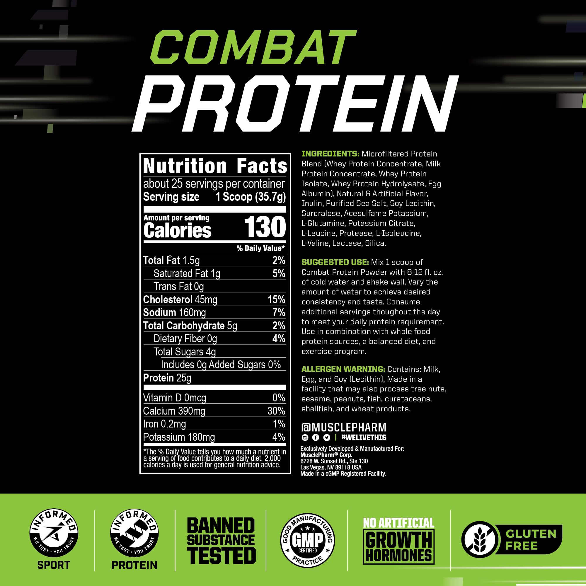 MusclePharm Combat Protein Powder vanilla shake bottle for pre or post workout fuel