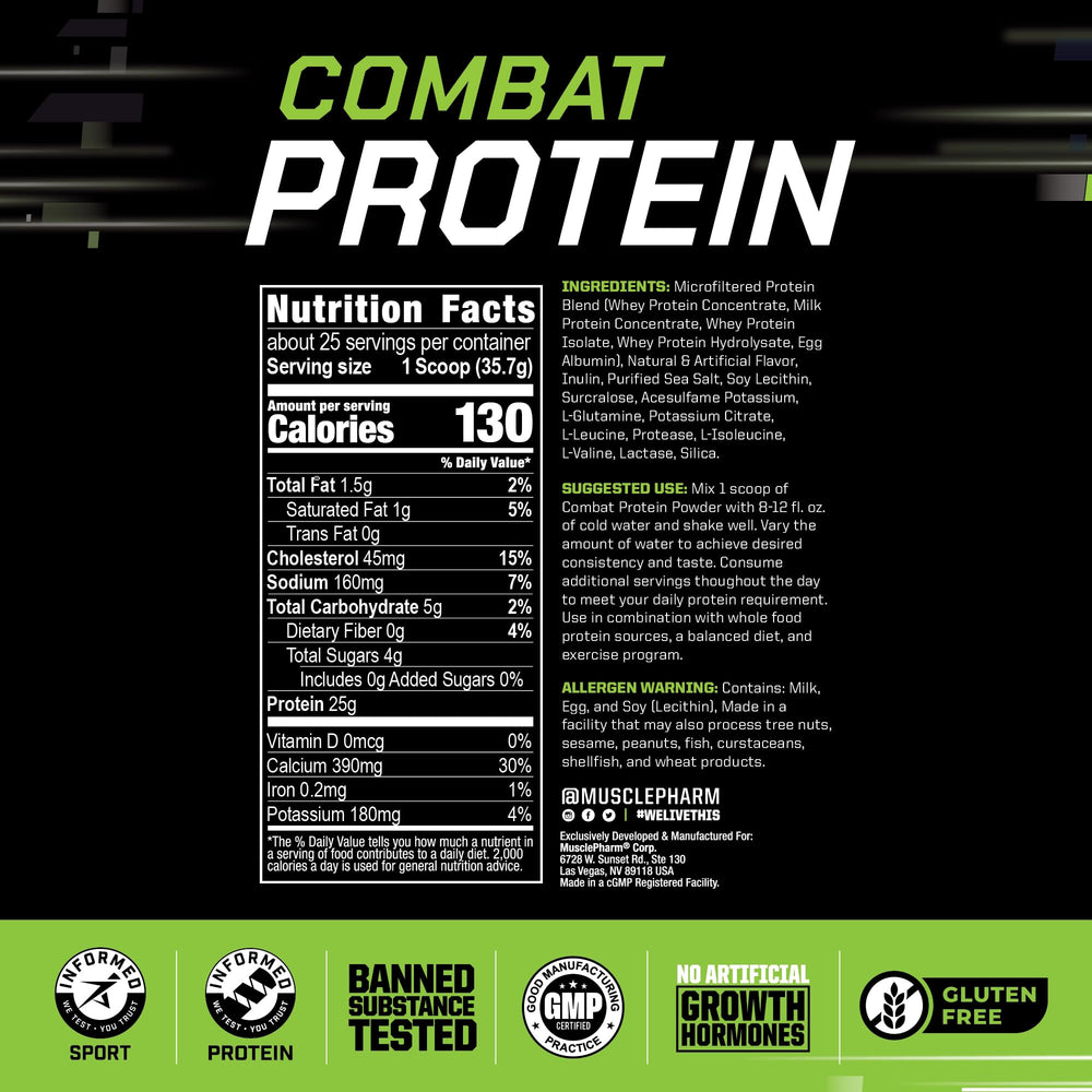 MusclePharm Combat Protein Powder vanilla shake bottle for pre or post workout fuel