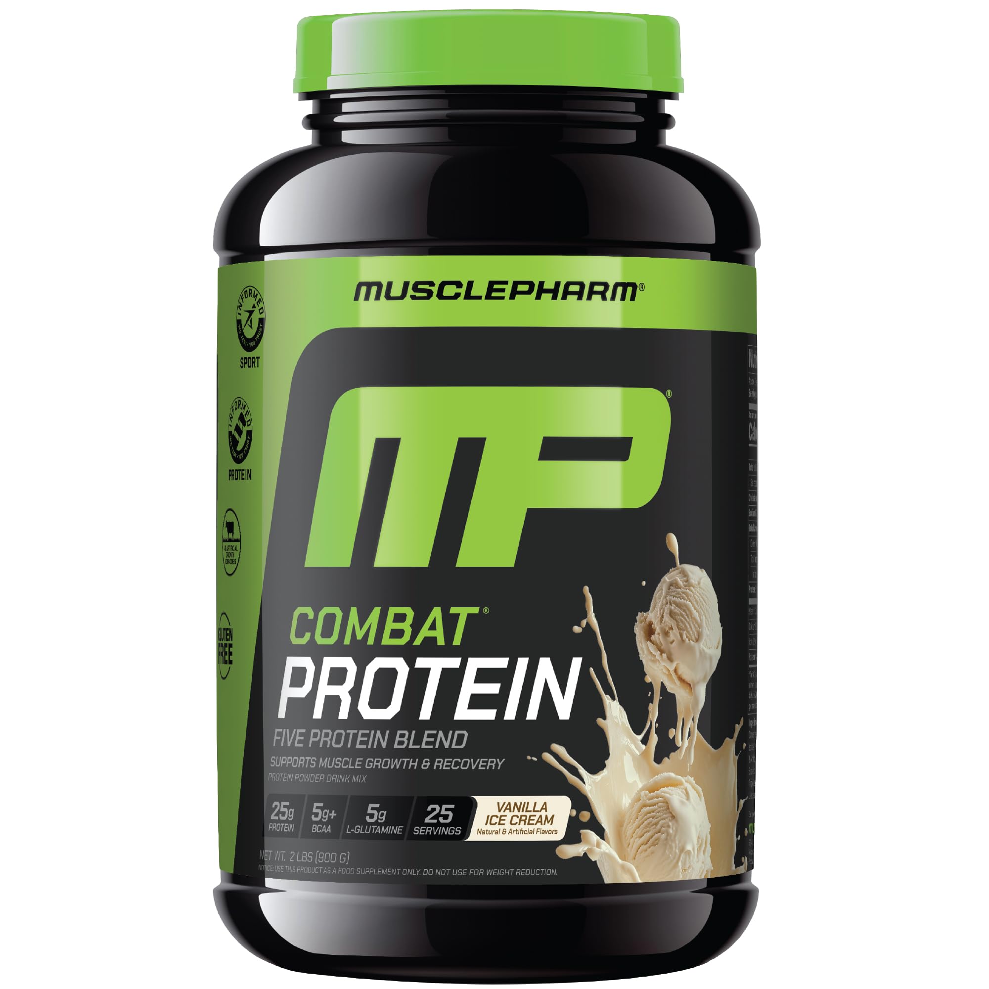 MusclePharm Combat Protein Powder vanilla tub showing 25g protein per serving for workouts