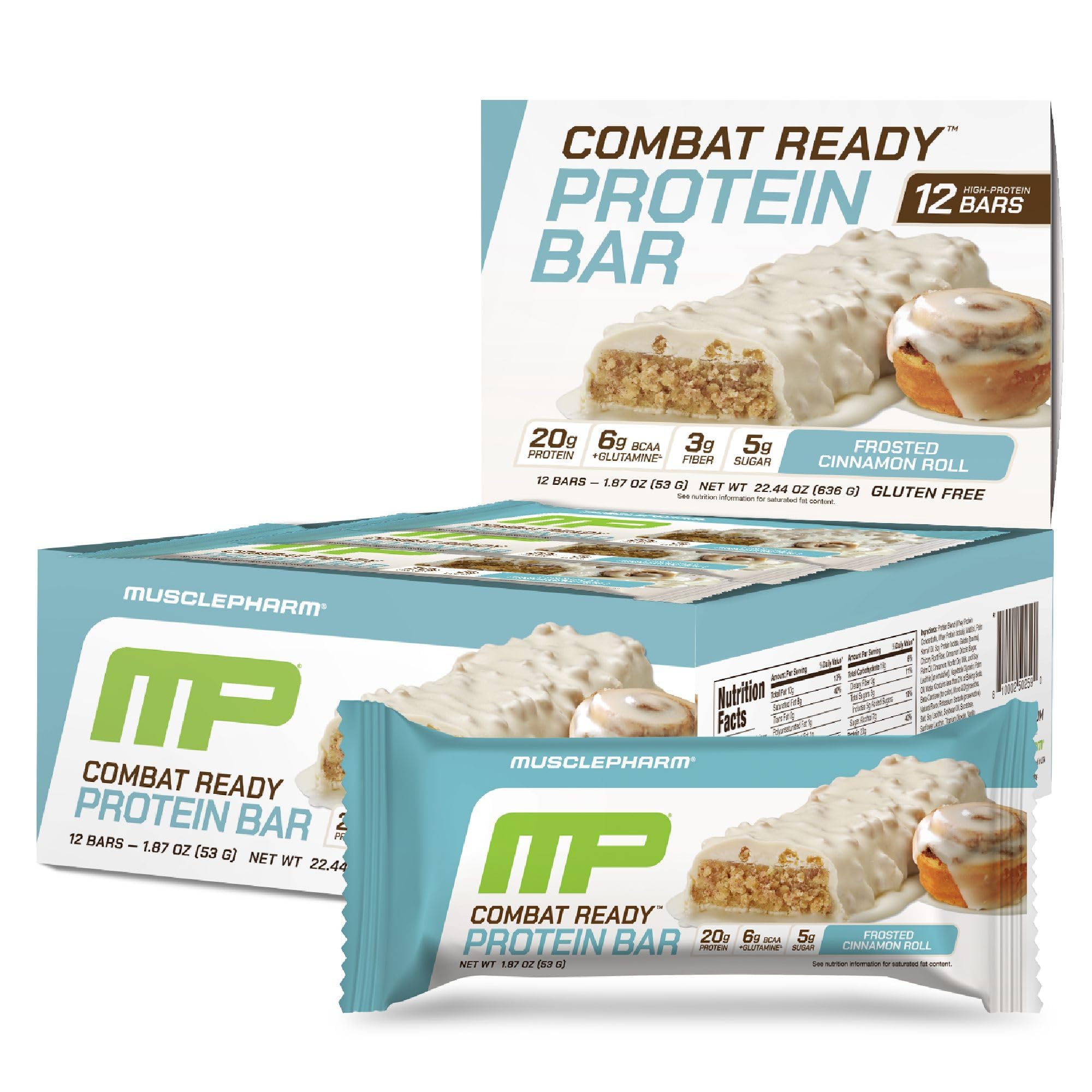 MusclePharm Combat Ready Bar Cinnamon Roll wrapped for on-the-go fueling.