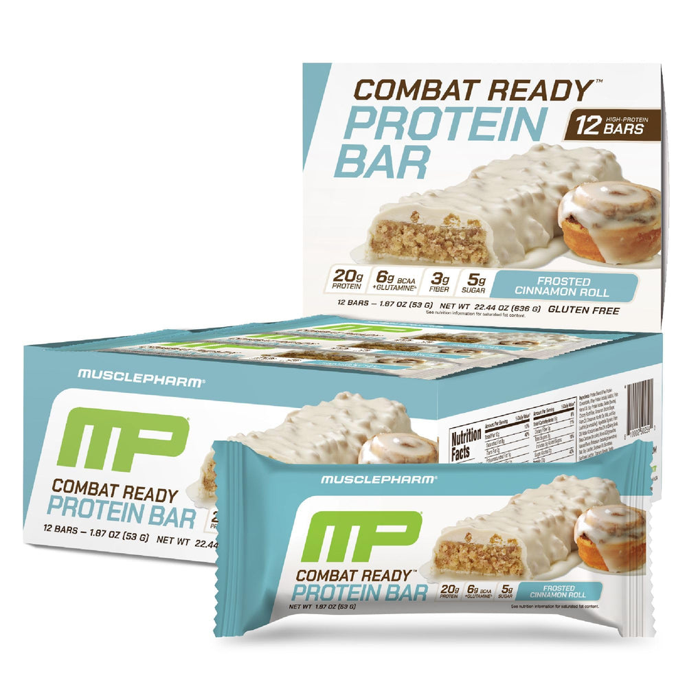 MusclePharm Combat Ready Bar Cinnamon Roll wrapped for on-the-go fueling.