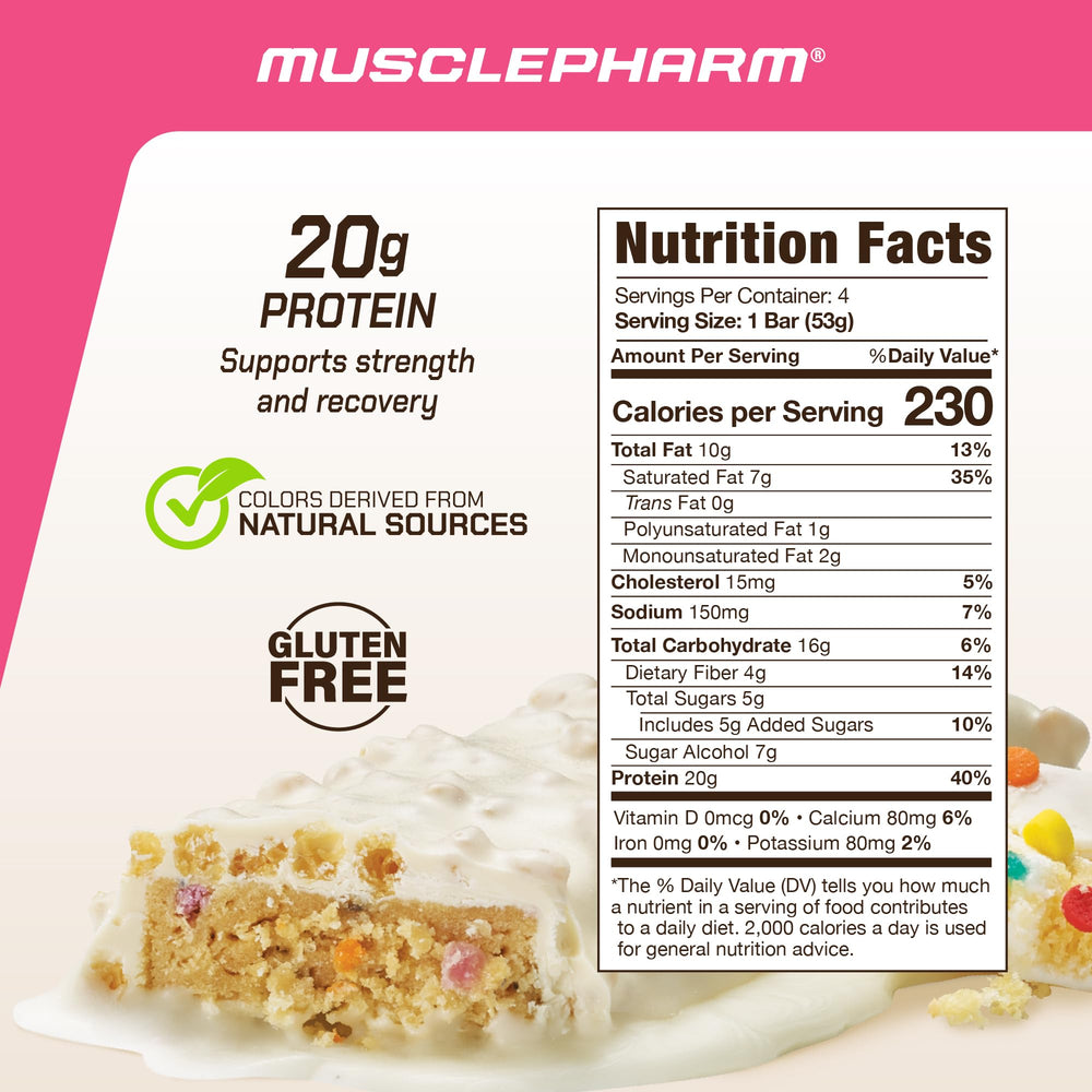 MusclePharm Combat Ready Bar front view shows Confetti Cake flavor for post-workout satisfaction.