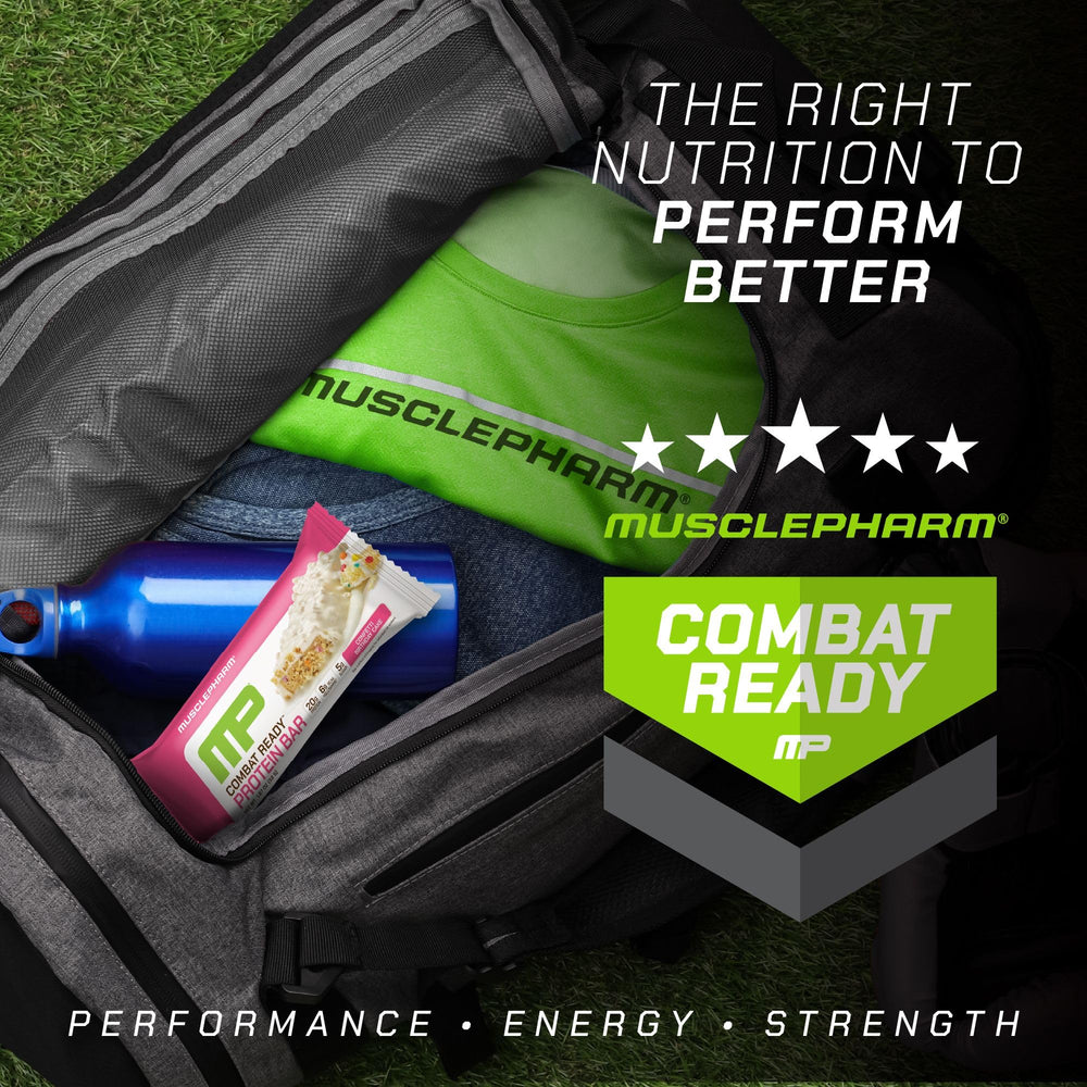 MusclePharm Combat Ready Bar foil wrapper emphasizes gluten-free, high-protein nutrition.