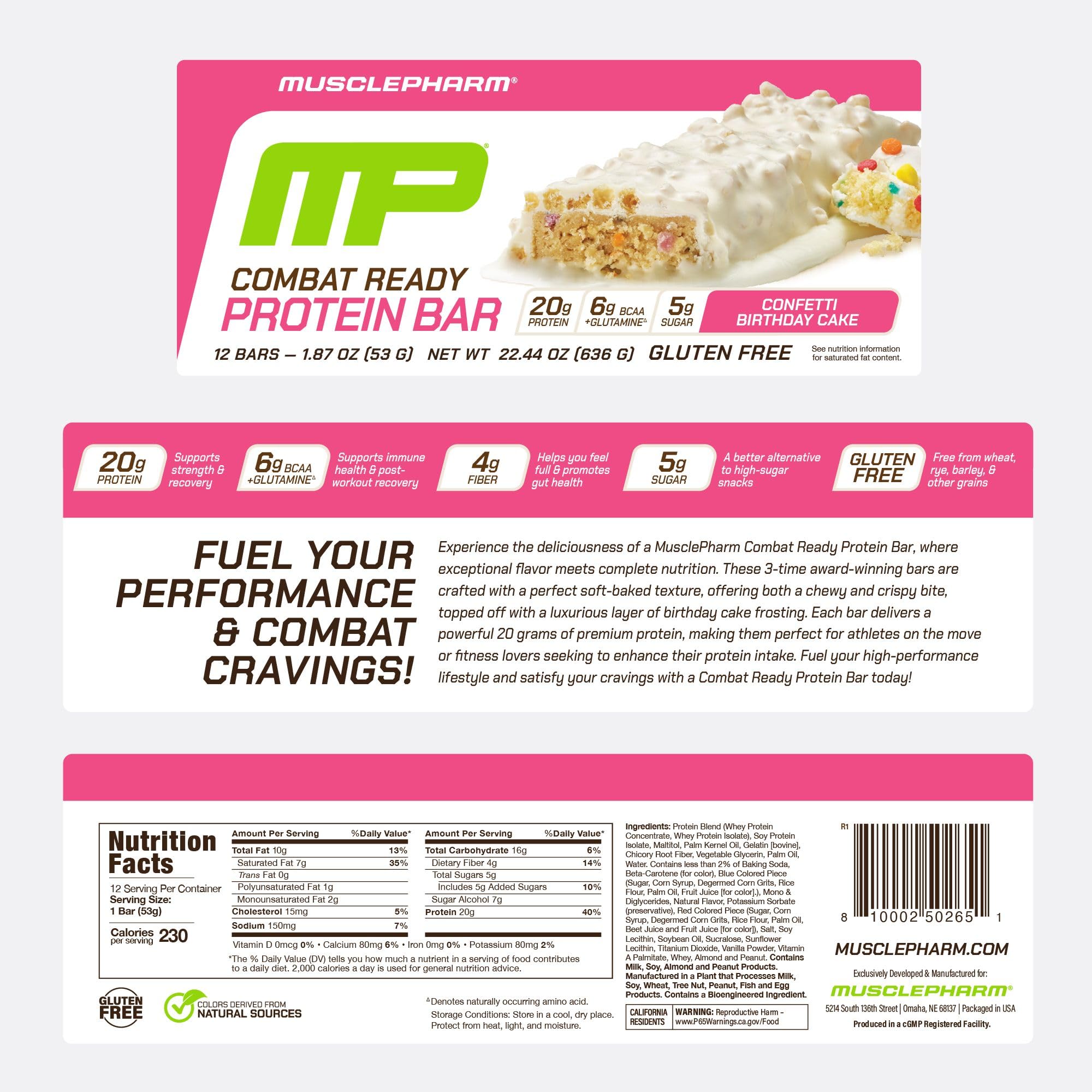 MusclePharm Combat Ready bar cross-section reveals colorful confetti cake inside.