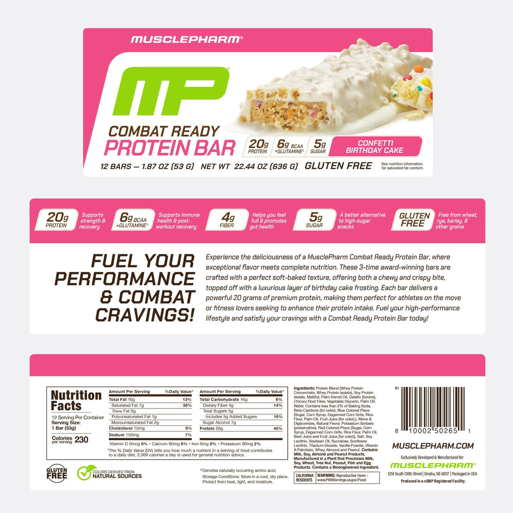 MusclePharm Combat Ready bar cross-section reveals colorful confetti cake inside.