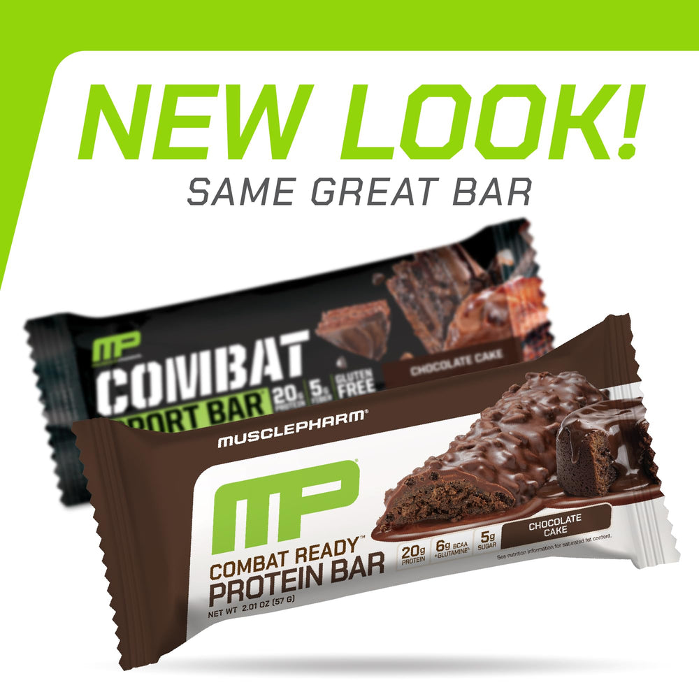 MusclePharm Combat Sport Bar nutrition facts panel highlighted, gluten-free high-protein choice.