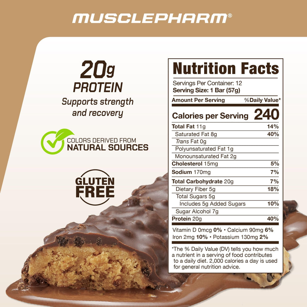 MusclePharm Combat Sport Bar Chocolate Chip Cookie Dough close-up shows chewy interior and crispy edges.