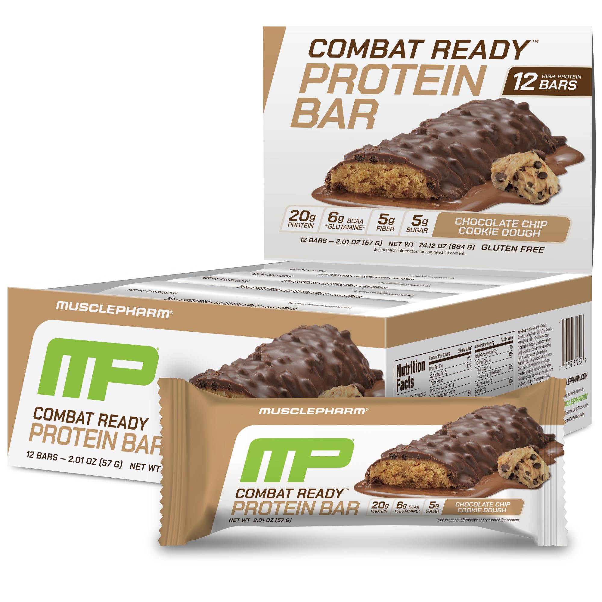 MusclePharm Combat Sport Bar Chocolate Chip Cookie Dough packaging promotes quick, protein-packed fuel.