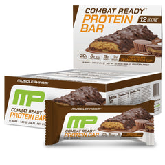 MusclePharm Combat Sport Bar chocolate peanut butter cup front view, high-protein fuel for workouts