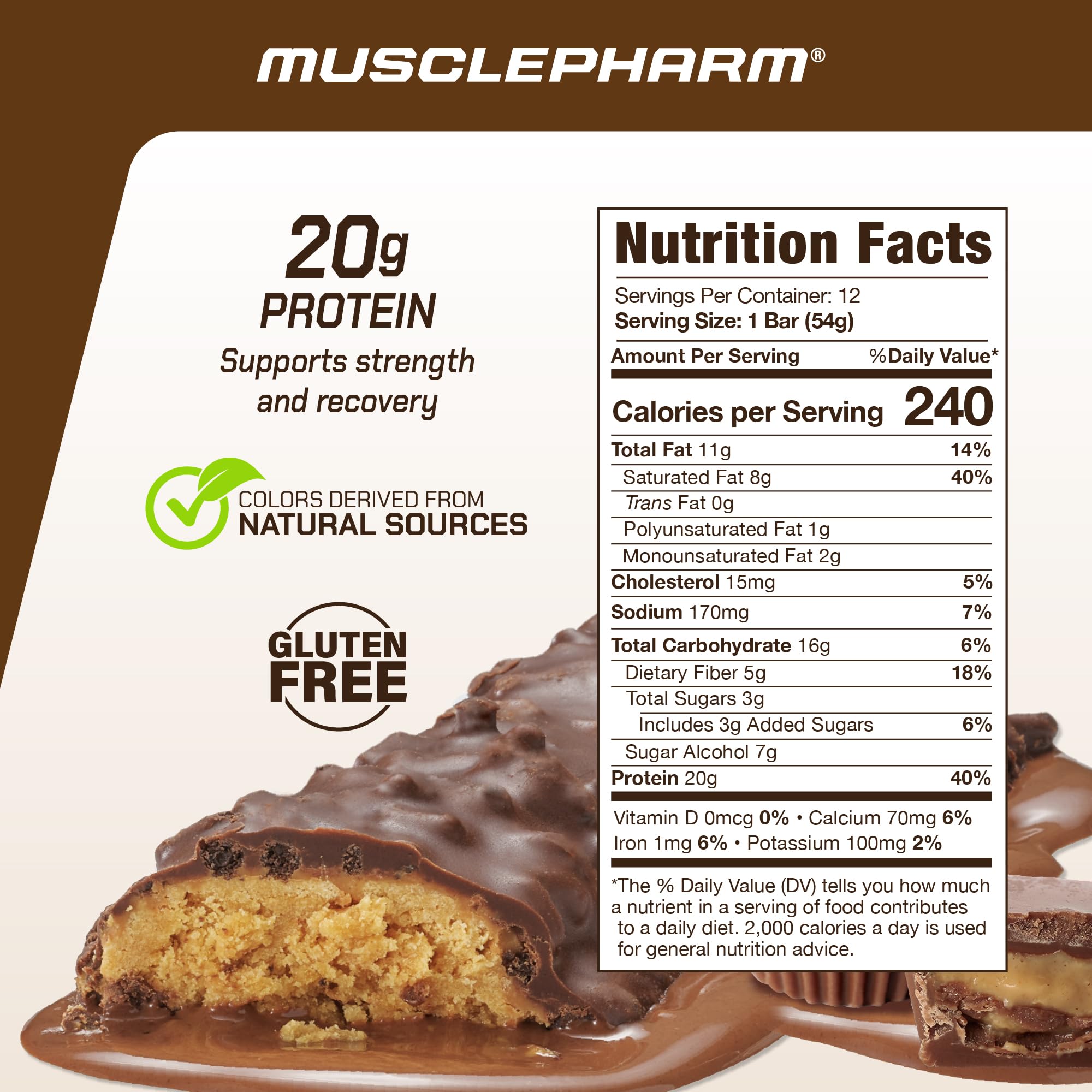 Back-of-pack view of MusclePharm Combat Sport Bar chocolate peanut butter cup with nutrition info
