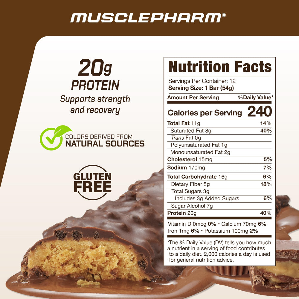 Back-of-pack view of MusclePharm Combat Sport Bar chocolate peanut butter cup with nutrition info