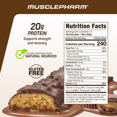 Back-of-pack view of MusclePharm Combat Sport Bar chocolate peanut butter cup with nutrition info