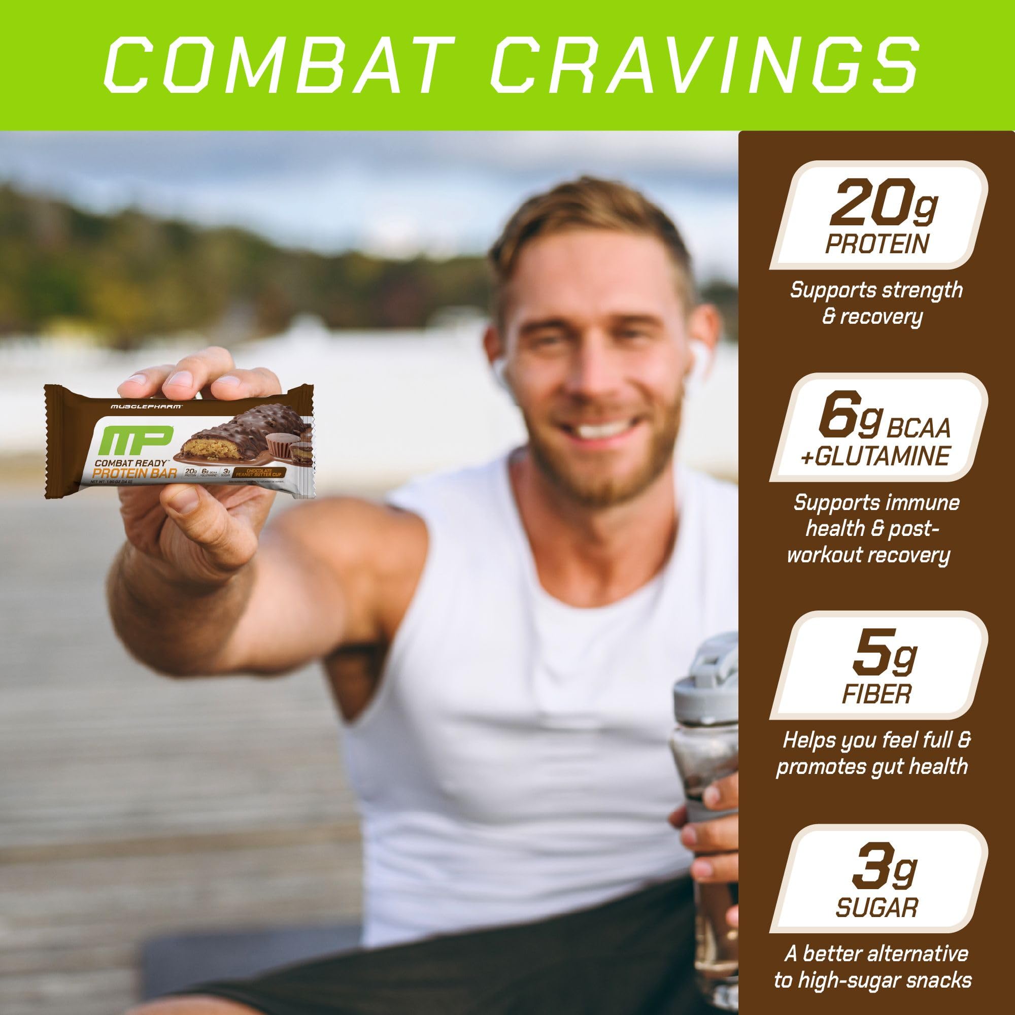 Close-up of MusclePharm Combat Sport Bar ingredients with whey protein and chicory fiber