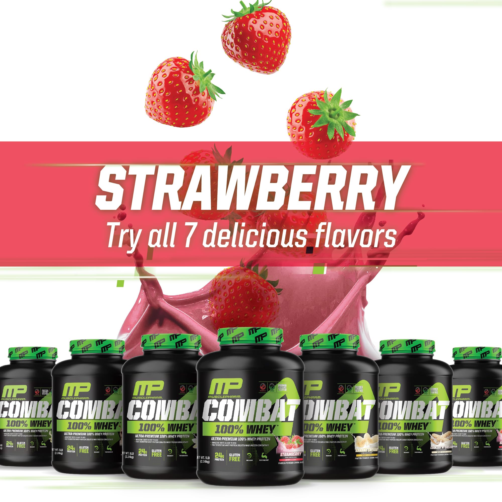 MusclePharm Combat Whey Strawberry Cream tub displays 70 servings for long-lasting supply