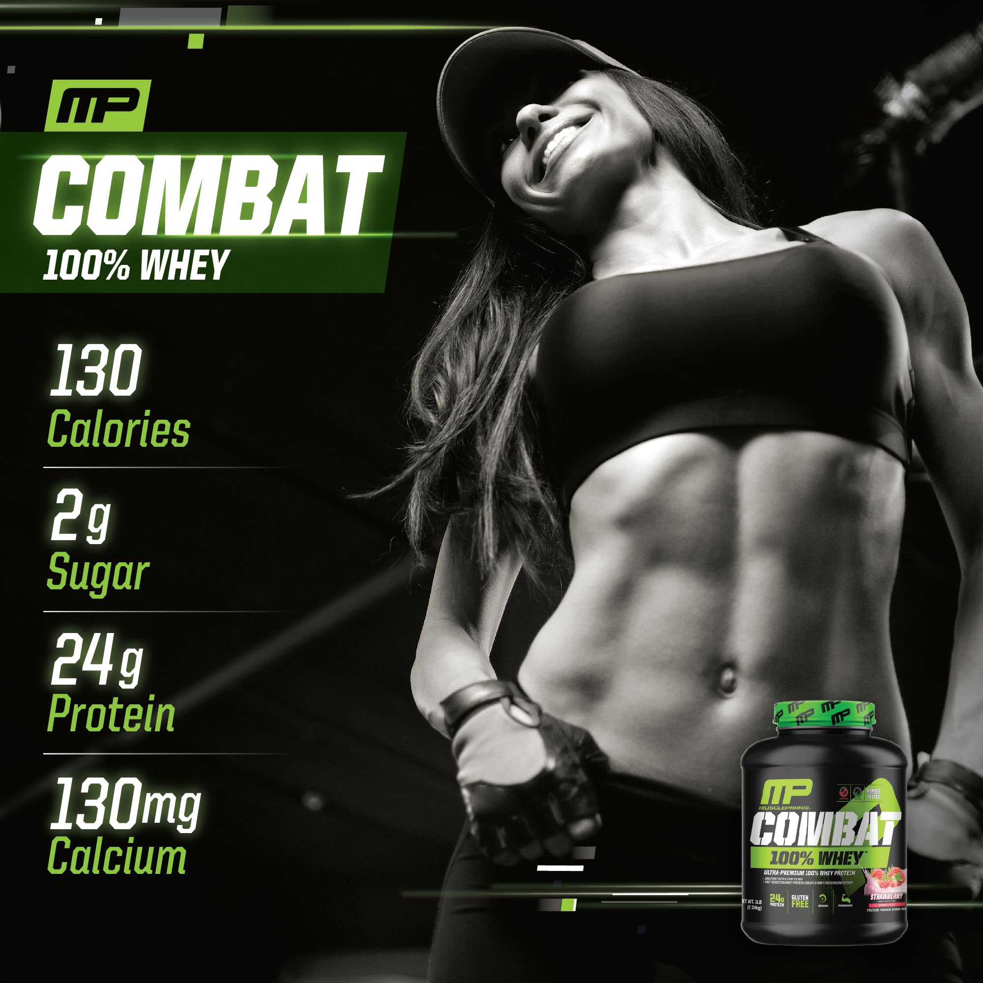 MusclePharm Combat Whey Strawberry Cream gluten-free badge signals clean ingredients